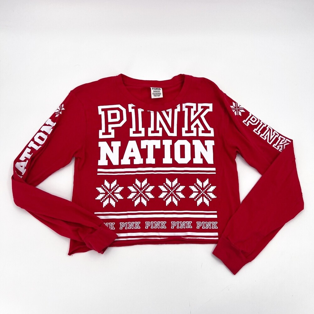 Victoria's Secret PINK Shirt Womens Small Red Cropped Long Sleeve Pullover Logo